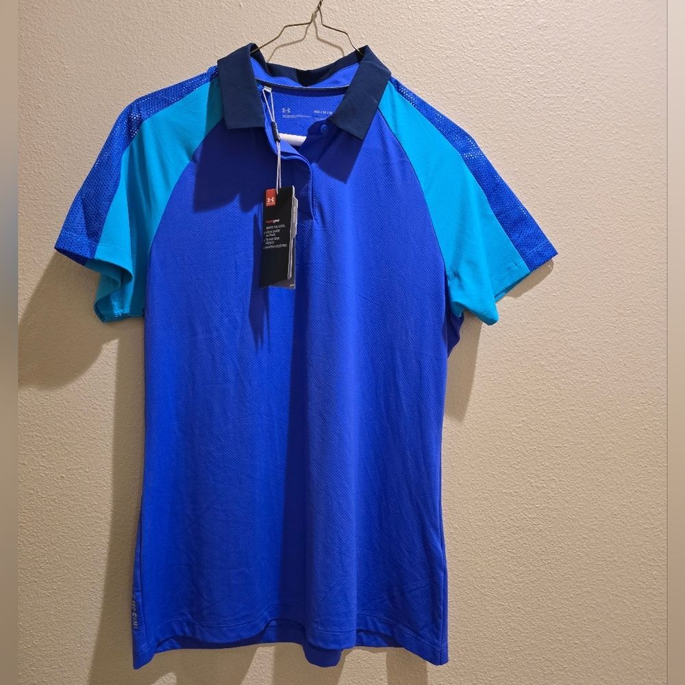 Womens Under Armour Polo Tri Color Blue Heatgear Golf Sz Medium NWT